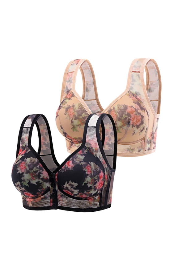 Bralette Pack, Ladies'Hot-Selling Printing Optimization Front Buckle Mother Underwear Female Pull-Up Anti-Droop, Plus Size Strapless Bras for Women Plus Size front snap bra, #B Black3,3XL