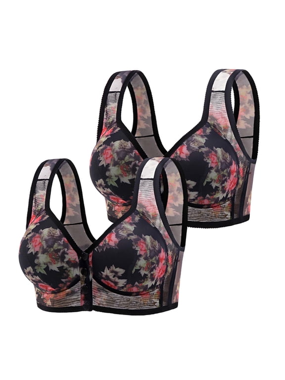 Bralette pack, Ladies'Hot-Selling Printing Optimization Front Buckle Mother Underwear Female Pull-Up Anti-Droop, Plus size strapless bras for women plus size front snap bra, #B Black4,4XL