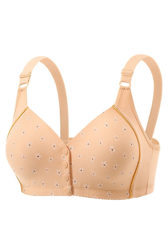 Bras for Older Women Front Closure Plus Size Comfy Breathable Full Support Bra with Support and Lift Floral Printed No Underwire Bras V Neck Adjustable Strap Support Bralette Beige Xl
