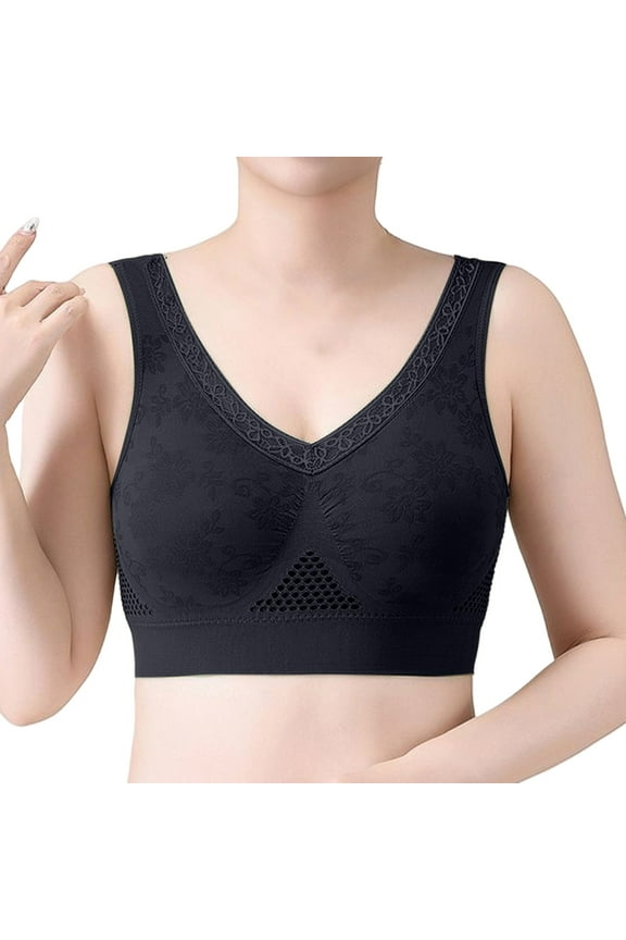Breathable Buttonless Comfy Lifting Shaping Bras Plus Size Soft Lift Bra No Underwire Support Full Coverage Underwear Breathable Mesh Side Sleep Bra Wide Strap Padded Lounge Bralette Black L