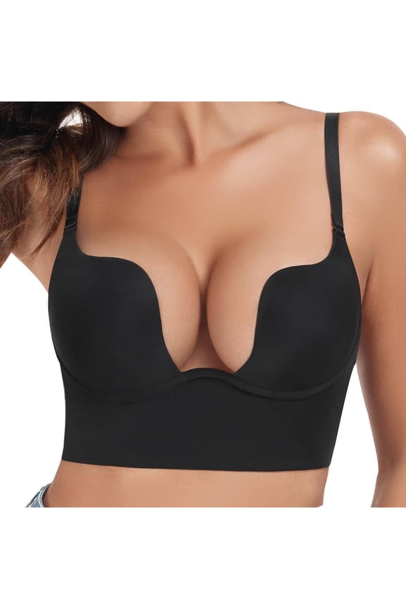 Built in padded bra tank tops for women, Women's Bra U Neckline Backless Bra V Padded Cut Bras for Support, Low cut bra for deep v neck, Body and bra supportive comfort bra, Black,D