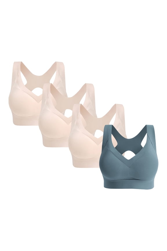 Bust Shaping Bra Lift Bras 4Pc Push Up Full Coverage Posture Corrector Bra Cross-Back Seamless Sports Bra Ice Silk Backless Yoga Tank Top Wireless Comfort Support Underwear Sky Blue Xl