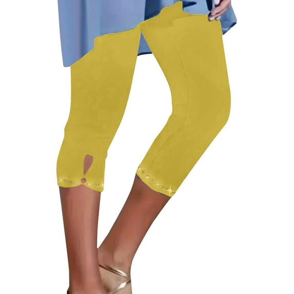 VISALY Capri Leggings for Women, Beach Vacation Clothes for Women, Women's Casual Seaside Rhinestone Tights Yoga Cropped Pants Women's , Yoga Pants Women, 1 Pack Capris for Women, Yellow, S