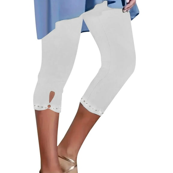 VISALY Capri Leggings for Women, Beach Vacation Clothes for Women, Women's Casual Seaside Rhinestone Tights Yoga Cropped Pants Women's , Yoga Pants Women, 1 Pack Capris for Women, White, S