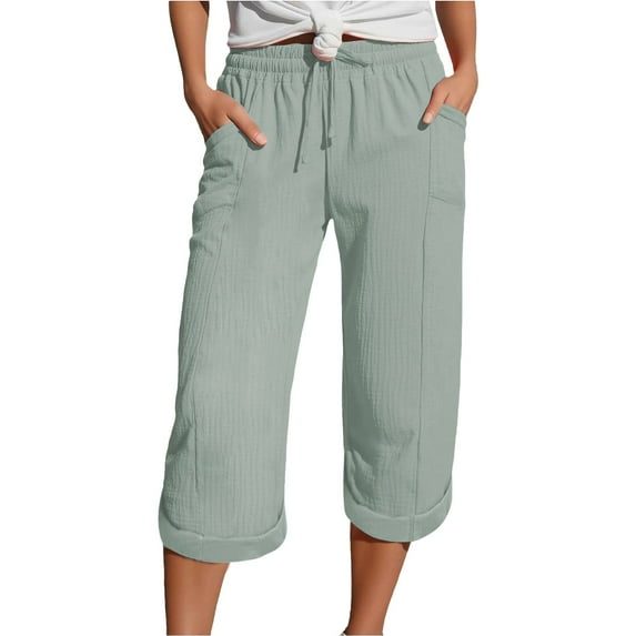 VISALY Capri Pants for Women, Capris for Women Casual Summer Clearance, Women's Bubble Wrinkle Cropped Trousers Linen Trousers Women's Summer 3/4 Muslin Trousers, 1 Pack, B - Silver, XL