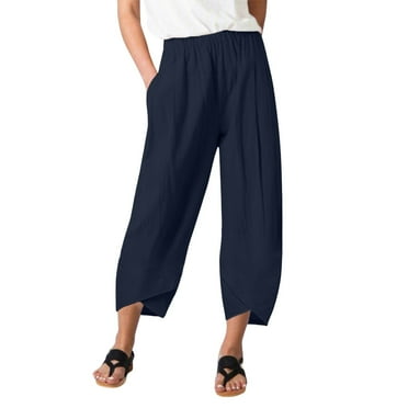 VISALY Capris for Women with Pockets, Dress Pants Women, Women's Casual Pants Bohemian Style Elastic Waist Cropped Pants Pockets Trousers Womens Daily Casual, 1 Pack Capris for Women, Navy, M