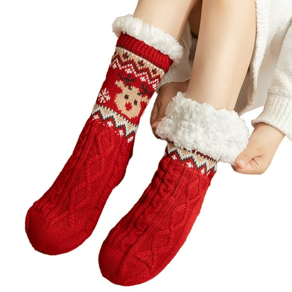 VISALY Christmas Knitted Socks with Velvet Inside Sleep Socks Winter Snow Socks Home Socks Slipper Socks for Women with Gripper Winter Non Slip Thick Fuzzy Socks Warm Cozy Christmas Gift Red One Size