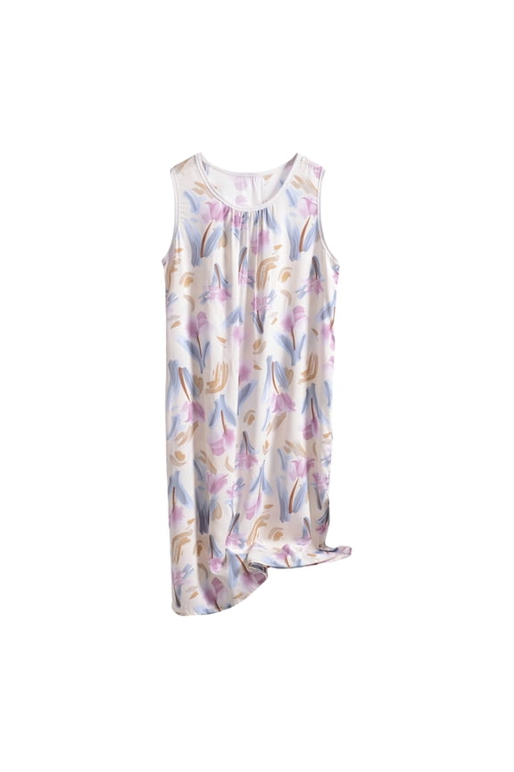 Comfy Nightgown Plus Size Night Dress for Women Casual O Neck foral Print Sleeveless Dress Casual Long Dress Nightshirt Soft Sleepwear Loungewear Sleepdress Sleep Dress 0 0 0 White Xxl