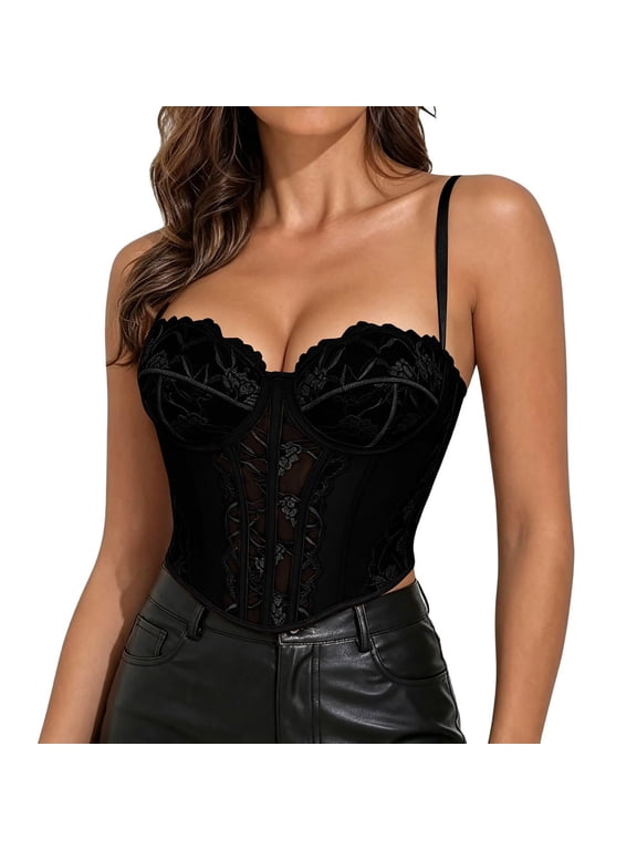 Corset Tops for Women Spaghetti Strap Bustier Top Trendy Cute Crop Lace Cami Shirts Going Out Fall Fashion Outfit Night Mesh Bustier Bodysuit Party Concert Club Festival Clothes Black M