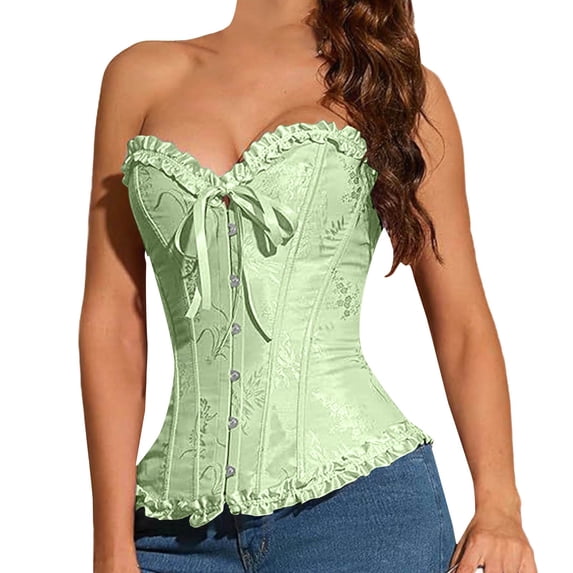 VISALY Corset Tops Women's Overbust Bustier Corset Boby Shapers Flower Printed Bouquet Waist Tight Body Shaping Beauty Underwear Light Green Xxl