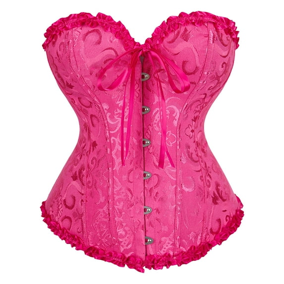 VISALY Corset Tops for Women Plus Size Overbust Satin Lace Up Trim Women Bustier Corset Top Boned Shaper Froal Printed Tube Tops Hot Pink S