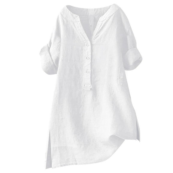 VISALY Cotton Linen Button Down Shirts Short Sleeve V Neck Shirts Basic Tees Shirts Plain Blouses Tunic Blouses Lightweight Shirts Beach Tops Business Tops Elegant Blouses Lightweight Shirts White M