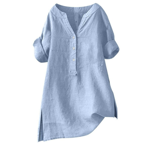VISALY Cotton Linen Shirts Button Down Shirts Short Sleeve V Neck Basic Tops Business Casual Tops Classy Tops Thin Shirts Plain Tops Button Down Blouses Dressy Casual Breathable Shirts Sky Blue M