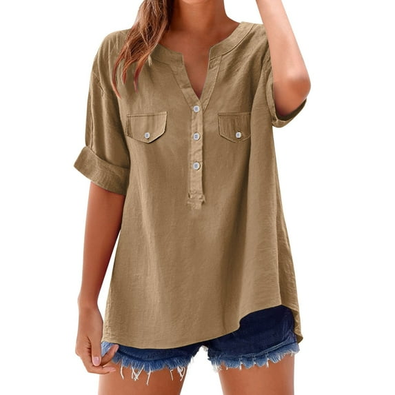 VISALY Cotton Linen Shirts Button Down Shirts Short Sleeve V Neck Tops Comfy Shirts Work Blouses Dressy Shirts Comfortable Tops Plus Size Tops Beach Blouses Dressy Casual Tops Loose Tops Khaki 4Xl
