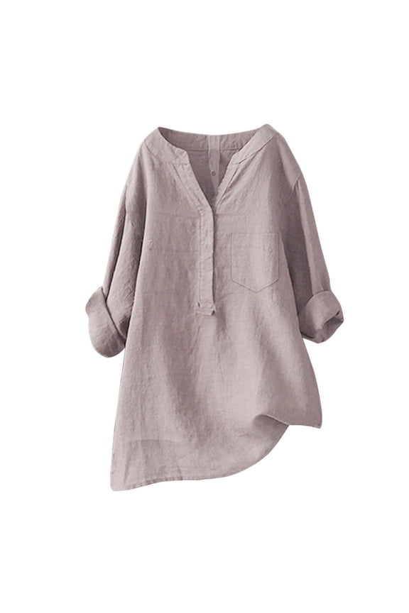 Cotton Linen Shirts Oversized Tshirts Dressy Casual V Neck Botton Down Blouses Long Sleeve Tops Tunic Tops Comfy Shirts Modest Blouses Loose Fit Tee Shirts Solid Color Blouses Khaki Xl
