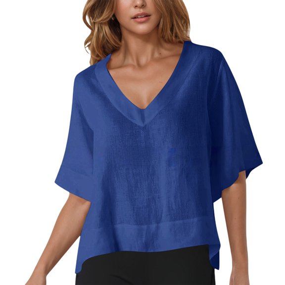 VISALY Cotton Linen Shirts for Women Loose Fit V Neck Short Sleeve Crop Tunic Tops Casual Oversized Tshirts Basic Tee Shirts Solid Color Summer T Shirts Business Work Dressy Casual Blouses Blue S