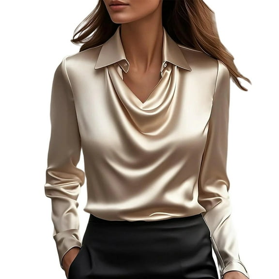 VISALY Cowl Neck Satin Blouse Casual Satin Tops Silk Top Office Work Shirt Draped Tops Loose Blouses Long Sleeve Ruched Front Draped Trendy Fashion Elegant Work Shirts Tops for Women Rose Gold M