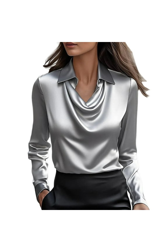 Cowl Neck Satin Blouse Long Sleeve Draped Tops Office Work Shirt Ruched Front Draped Elegant Work Shirts Tops for Women Silk Top Loose Blouses Casual Satin Tops Dressy Business Grey S