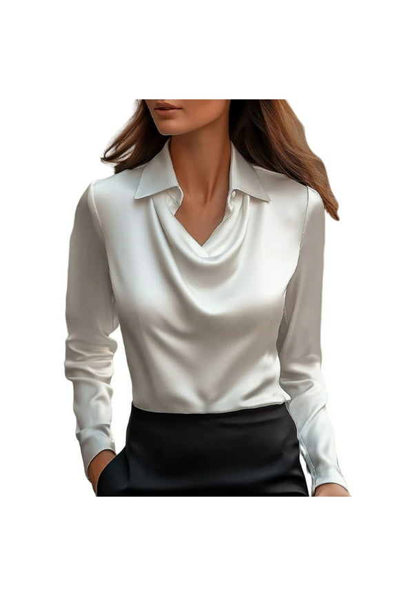 Cowl Neck Satin Blouse Ruched Front Draped Casual Satin Tops Silk Top Long Sleeve Elegant Work Shirts Draped Tops Teacher Clothes Tops for Women Loose Blouses Dressy Business White XXL