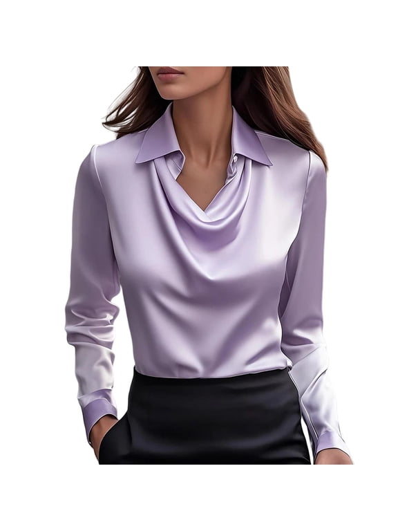 Cowl Neck Satin Blouse Teacher Clothes Office Work Shirt Silk Top Ruched Front Draped Loose Blouses Draped Tops Casual Satin Tops Tops for Women Elegant Work Shirts Dressy Business Purple L