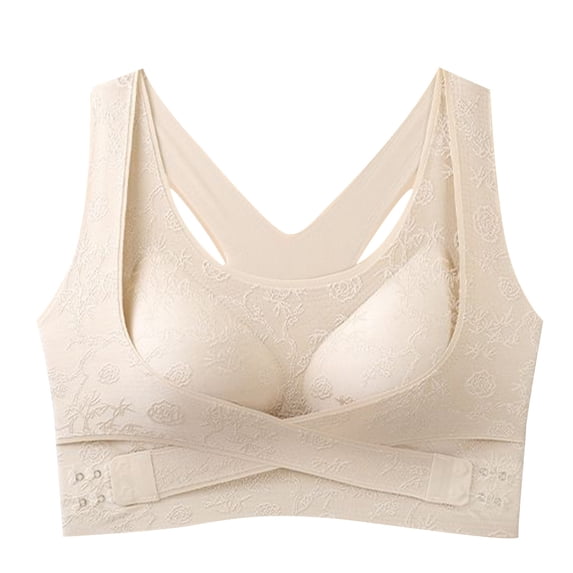 VISALY Criss Cross Lift Wireless Push Up Bra Posture Correcting Side Buckle Full Support Bra Wide Strap Floral Lace Breathable Sleep Bralette Full Coverage Seamless Everyday Lounge Underwear Beige L