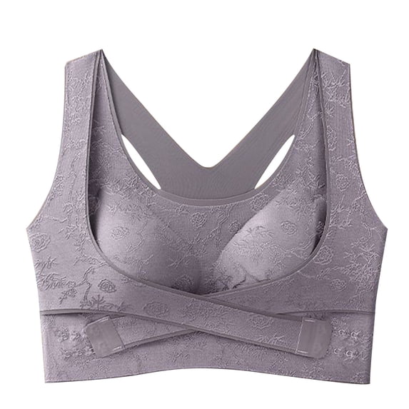 VISALY Criss Cross Lift Wireless Push Up Bra Posture Correcting Side Buckle Support Bra Wide Strap Floral Lace Breathable Sleep Bralette Full Coverage Seamless Everyday Lounge Underwear Purple Xl