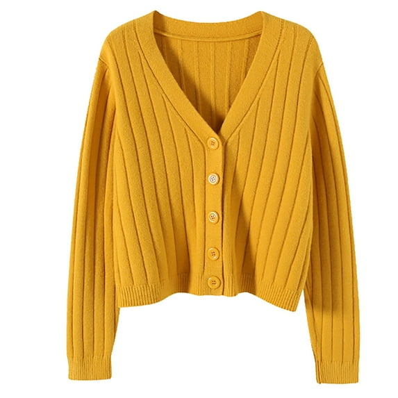 VISALY Cropped Cardigan Button Down Cardigans Short Outside with Loose Long Sleeved V Neck Sweater Knit Sweater Solid Color Cardigan Coat Blouse Chunky Knit Cardigan Cardigan Sweaters Yellow One Size