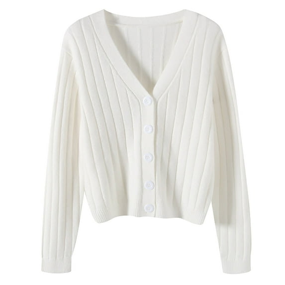 VISALY Cropped Cardigan Button Down Cardigans Short Outside with Loose Long Sleeved V Neck Sweater Knit Sweater Solid Color Cardigan Coat Blouse Chunky Knit Cardigan Cardigan Sweaters White One Size