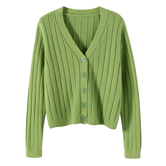 VISALY Cropped Cardigan Button Down Cardigans Short Outside with Loose Long Sleeved V Neck Sweater Knit Sweater Solid Color Cardigan Coat Blouse Chunky Knit Cardigan Cardigan Sweaters Green One Size