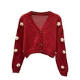 thumbnail image 1 of VISALY Cropped Cardigan Button Down Cardigans Sweaters for Women Trendy Crewneck Long Sleeve Sweater Tops Fall Cable Knit Pullover Sweaters Chunky Knit Cardigan Cardigans Dressy Casual Red One Size, 1 of 3