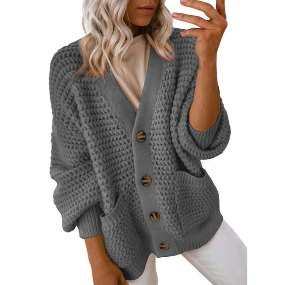 VISALY Cropped Cardigan Button Down Cardigans Women's Fashion Casual Open Front Long Sleeve Chunky Knit Cardigans Sweaters Outerwear Coats Cute Cardigans Knit Cardigans Grey S