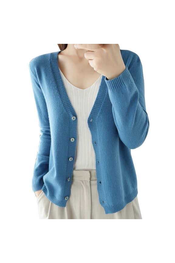 Cropped Cardigan Button Down Cardigans Women's Spring and Autumn Leisure Loose Solid Long Sleeve V Neck Knitted Soft Cardigan Coat Thin Cardigans Lightweight Business Casual Cardigans Blue M