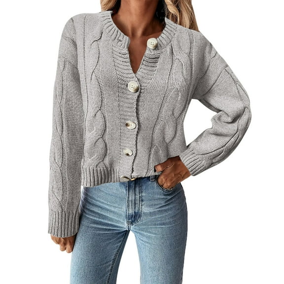 VISALY Cropped Cardigan Button Down Cardigans Womens Open Front Long Sleeve Chunky Knit Cardigan Sweaters Loose Outwear Coat Chunky Cardigan Sweaters Cardigan Jacket Grey S