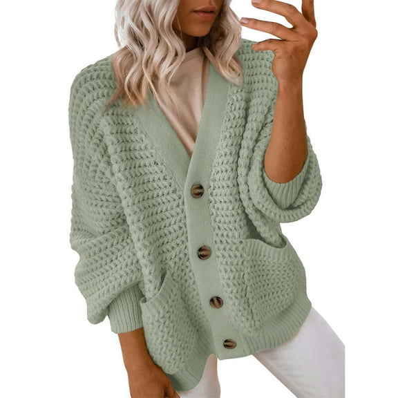VISALY Cropped Cardigan Cardigan with Pockets Women's Fashion Casual Open Front Long Sleeve Chunky Knit Cardigans Sweaters Outerwear Coats V Neck Cardigan Cardigan Jacket Green M