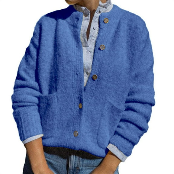 VISALY Cropped Cardigan Cardigan with Pockets Women's Knit Cardigan Sweaters Casual Long Sleeve Open Front Button Up Ribbed Fall Sweater Jackets Crewneck Cardigan Business Casual Cardigans Blue S