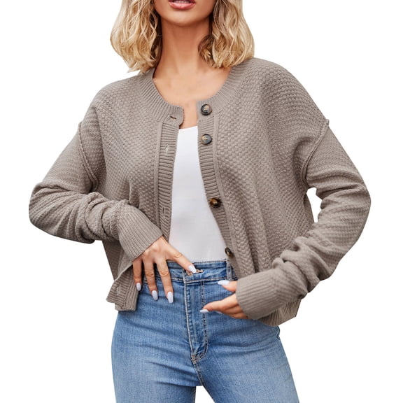 VISALY Cropped Cardigan Chunky Cardigan Sweaters Long Cardigans for Women Buttons Open Front Long Sleeves Lightweight Fall Sweaters Cardigan Sweaters Cable Knit Cardigan Coffee L