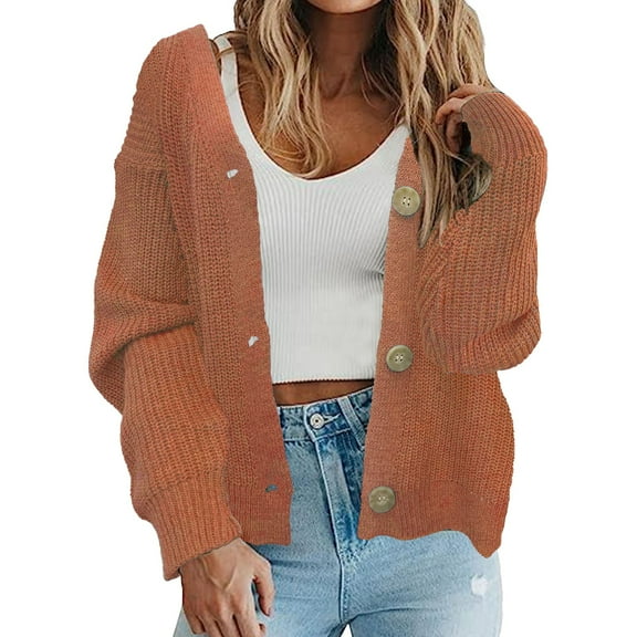 VISALY Cropped Cardigan Chunky Cardigan Sweaters Women's Chunky Cardigans Sweaters Open Front Long Sleeve Cute Knit Button Loose Short Cozy Outerwear Fall Coat Trendy Sweaters Spring Sweater Orange L