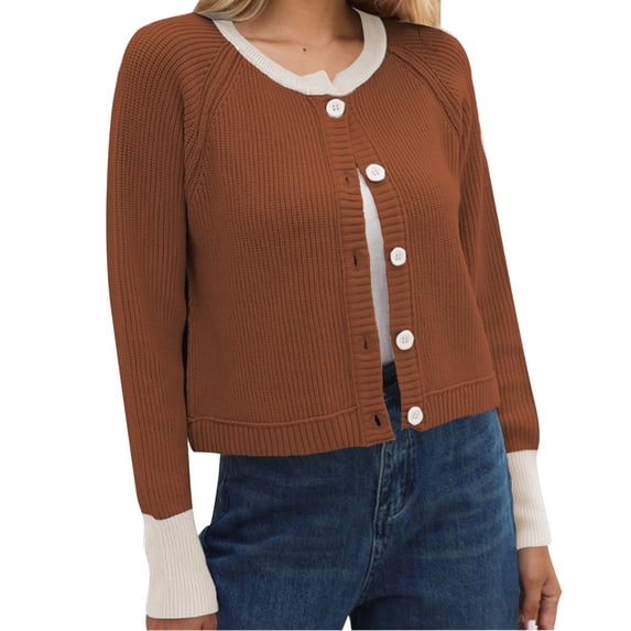 VISALY Cropped Cardigan Crewneck Cardigan Womens Cropped Cardigan Sweaters Button Down Open Front Long Sleeve Fall Trendy Color Block Knit Coats Office Cardigans Winter Cardigan Coffee Xl