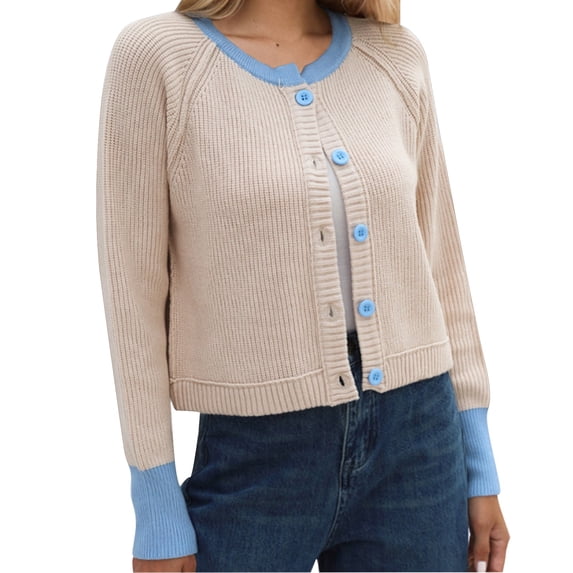 VISALY Cropped Cardigan Crewneck Cardigan Womens Cropped Cardigan Sweaters Button Down Open Front Long Sleeve Fall Trendy Color Block Knit Coats Office Cardigans Winter Cardigan Beige L
