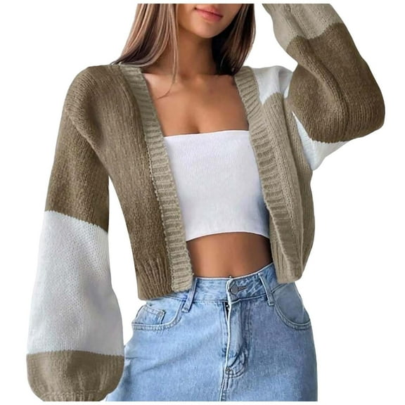 VISALY Cropped Cardigan Crochet Cardigan Women's Casual Knit Open Front Tops Long Sleeve Color Block Cardigans Sweaters Lightweight Short Outerwear Coats Cardigan Sweaters Trendy Cardigan Brown S