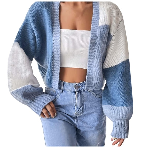 VISALY Cropped Cardigan Crochet Cardigan Women's Casual Knit Open Front Tops Long Sleeve Color Block Cardigans Sweaters Lightweight Short Outerwear Coats Cardigan Sweaters Trendy Cardigan Blue L