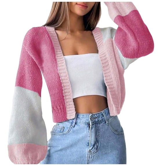 VISALY Cropped Cardigan Crochet Cardigan Women's Casual Knit Open Front Tops Long Sleeve Color Block Cardigans Sweaters Lightweight Short Outerwear Coats Cardigan Sweaters Trendy Cardigan Red Xxl