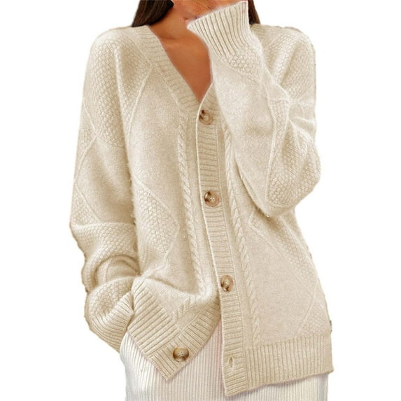 VISALY Cropped Cardigan Long Sleeve Cardigan Fall Sweaters Cardigan Open Front Oversized Button Lightweight Cardigans V Neck Loose Knit Outwear Chunky Cardigan Sweaters Warm Cardigan Sweaters Beige S
