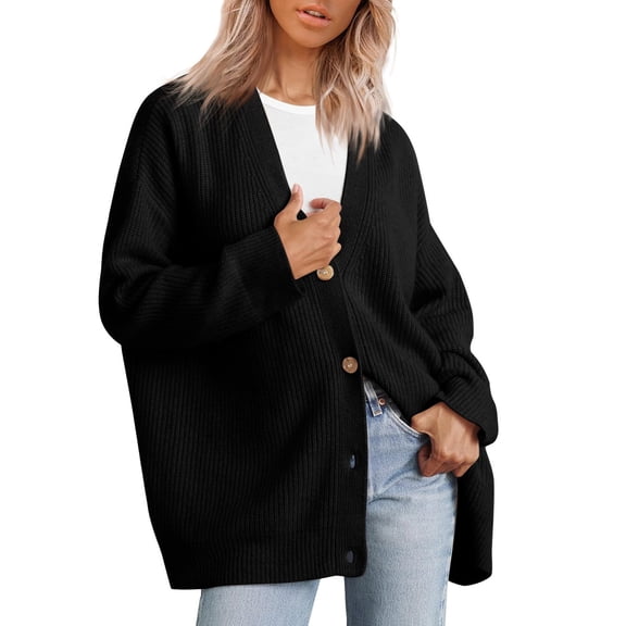 VISALY Cropped Cardigan Long Sleeve Cardigan Women's Cardigan Front Oversized Lightweight Sweaters V Neck Loose Cardigans Knit Outwear Button Down Cardigans Chunky Cardigan Sweaters Black M