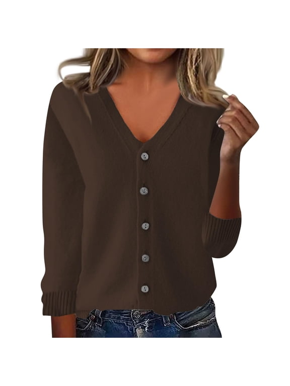 Cropped Cardigan Long Sleeve Cardigan Womens Cardigan Sweaters Button Down V Neck Knit Sweater Jacket Lightweight Comfy Open Front Cardigan Coats Crochet Cardigan Warm Cardigan Coffee L