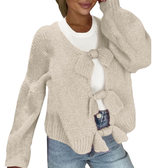 VISALY Cropped Cardigan Open Front Cardigan Bow Tie Cardigan Sweaters Crew Neck Long Sleeve Ribbed Knit Tie Front Crochet Knit Jumper Top Outwear Coat Chunky Knit Cardigan Crochet Cardigan White M