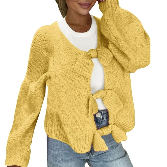 VISALY Cropped Cardigan Open Front Cardigan Bow Tie Cardigan Sweaters Crew Neck Long Sleeve Ribbed Knit Tie Front Crochet Knit Jumper Top Outwear Coat Chunky Knit Cardigan Crochet Cardigan Yellow S