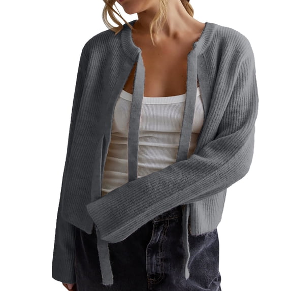 VISALY Cropped Cardigan Open Front Cardigan Tie Front Cropped Cardigan Sweaters for Women Crew Neck Long Sleeve Knit Bow Tie Trendy Sweater Tops Chunky Cardigan Sweaters Cardigan Sweaters Grey S