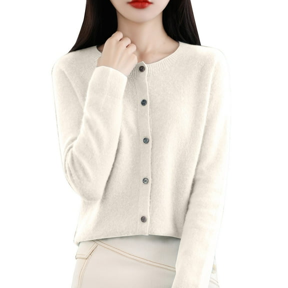 VISALY Cropped Cardigan Open Front Cardigan for Women Cardigans Sweaters for Women Button Front Long Sleeve Cardigan Crewneck Cardigan Knit Cardigans Beige L
