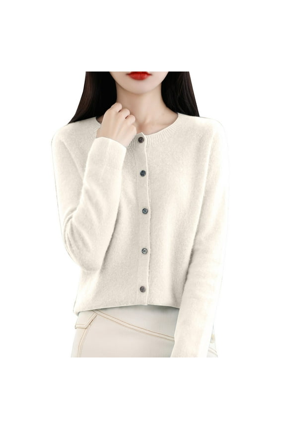 Cropped Cardigan Open Front Cardigan for Women Cardigans Sweaters for Women Button Front Long Sleeve Cardigan Crewneck Cardigan Knit Cardigans Beige L